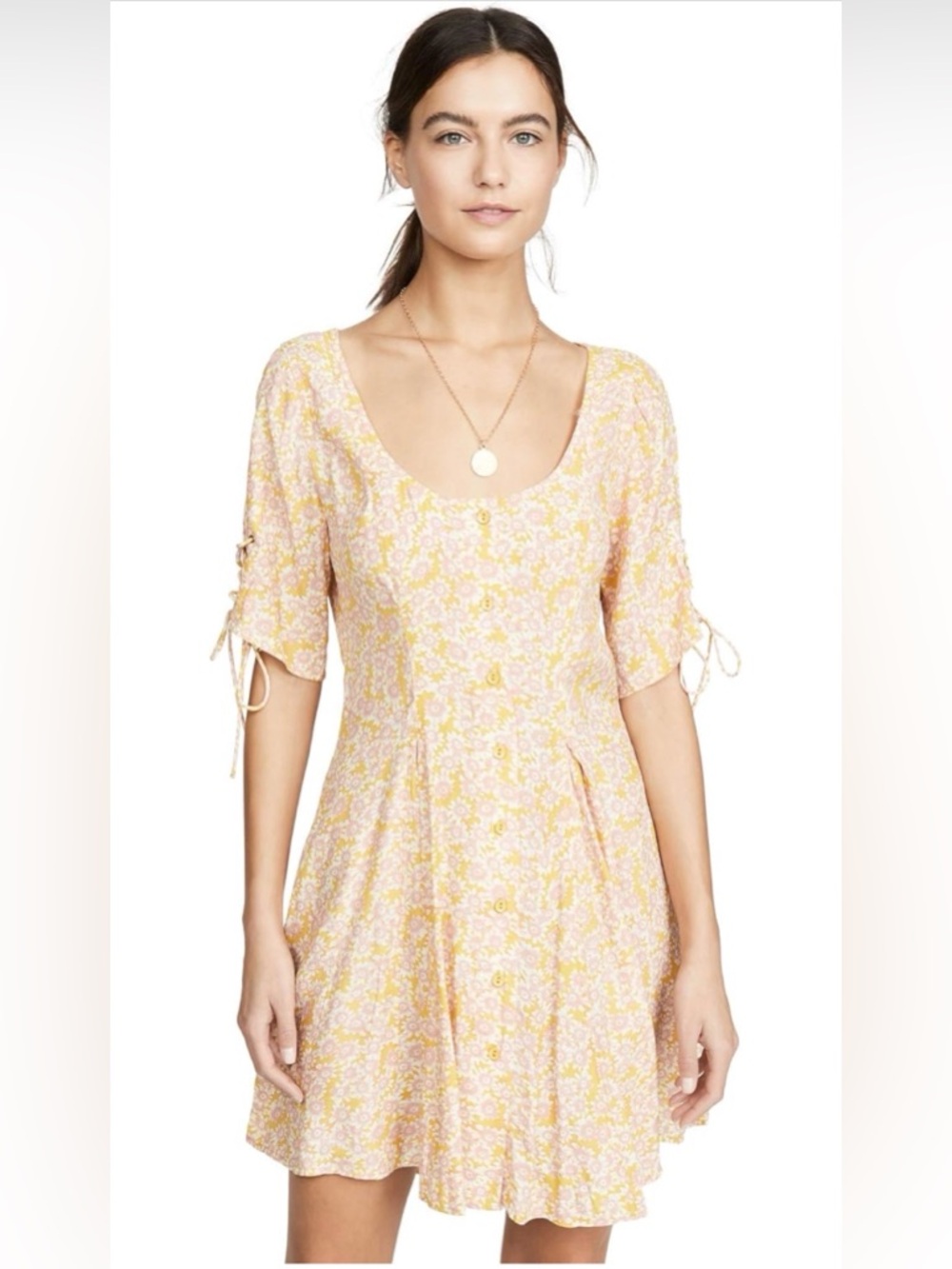 Free People Femme Combo Floral Lace-Up Mini Dress S Yellow Pink NWT Romantic